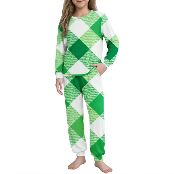 Virmaxy St Patricks Day Printed Long Sleeve Shirt Pants Set Soft Round Neck Casual Outfit for Holiday Celebration and Home Wear, for 5-16 Years Green