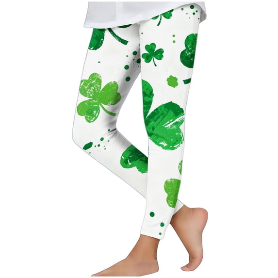 Virmaxy St Patricks Day Shamrock Print High Waist Leggings Stretchy Soft Tight Pants for Holiday Activewear and Daily Wear, for 3-7 Years Green