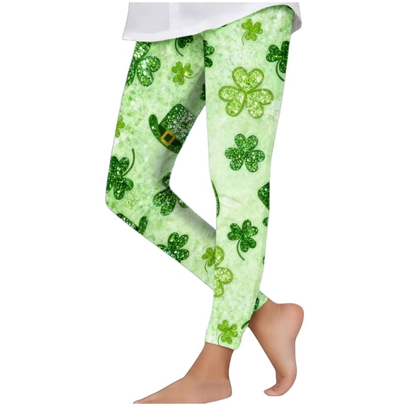 Virmaxy St Patricks Day Shamrock Print High Waist Leggings Stretchy Soft Tight Pants for Holiday Activewear and Daily Wear, for 3-7 Years Green