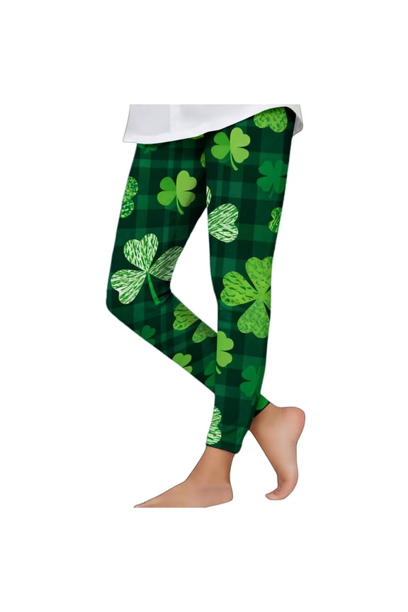 St Patricks Day Shamrock Print High Waist Leggings Stretchy Soft Tight Pants for Holiday Activewear and Daily Wear, for 3-7 Years Green