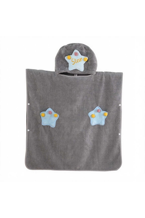 Star Hooded Wearable Bath Towel Poncho with Snap Button Soft and Absorbent Pullover Robe for After Shower and Play,for 3.3'-4.6' Gray