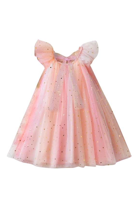 Star Sequin Gradient Mesh Flutter Sleeve Dress Girls Sleeveless Sparkle Princess Dreamy Dress for Vacation and Birthday Party,for 3-7 Years
