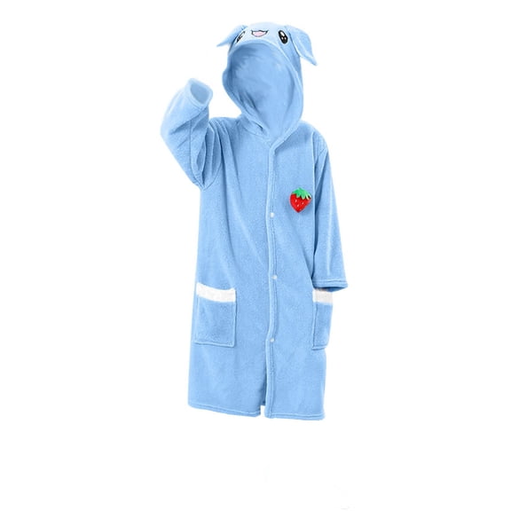 Virmaxy Strawberry Print Ears Hooded Bathrobe with 2 Pocket Super Soft Double Sided Fleece Absorbent Robe for After Bath Lounge, for 4.1'-4.6’ Blue