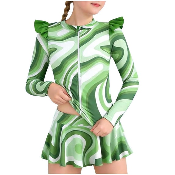 Virmaxy Stripe Print Long Sleeve Rash Guard with Swim Skirt Set Front Zip Two Piece Modest Swimsuit for Swimming Lessons and Beach Vacation Size 3-12