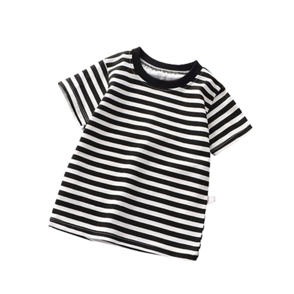 Virmaxy Striped Patterned Short Sleeve Tee Soft Breathable Round Neck T-Shirt Casual Fashion Top for Daily Outings and Photo Shoots, for 3-7 Years Black