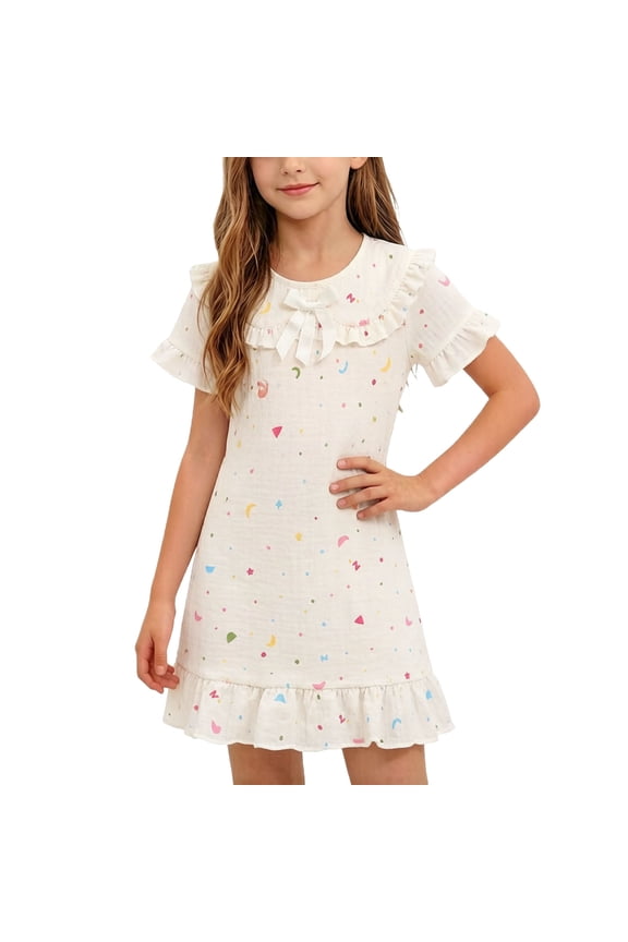 Summer Printed Cotton Short Sleeve Nightgown Doll Collar Soft Breathable Pullover Sleep Dress for Home Comfort and Relaxation, for 3-15Y