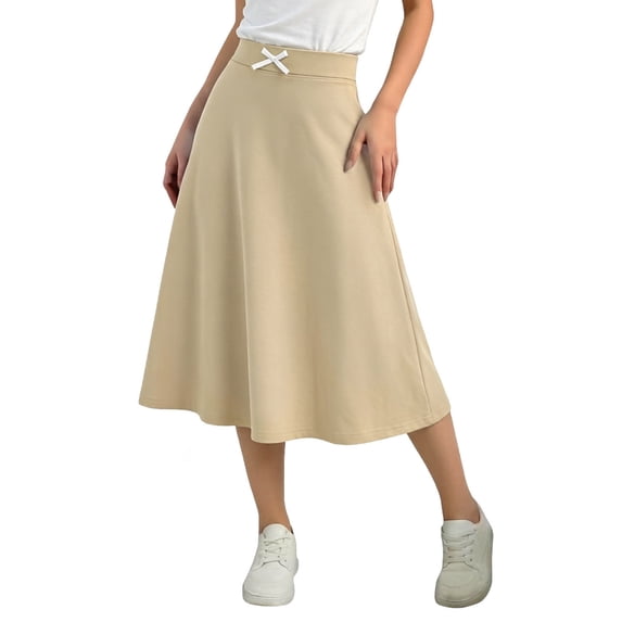Virmaxy Summer Solid Color Elastic Waist A Line Midi Skirt Casual Flowy High Waist Skirt with Bow for Daily Wear and Vacation, for 5-15Y