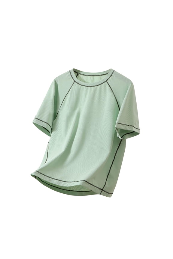 Summer Solid Color Ice Silk Tee with Contrast Stitching Soft Breathable T Shirt Comfortable Round Neck Top for Everyday Play Casual Wear, for 3-16 Years Green
