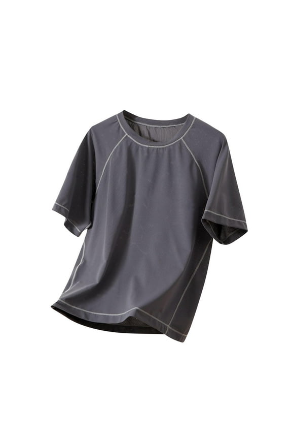 Summer Solid Color Ice Silk Tee with Contrast Stitching Soft Breathable T Shirt Comfortable Round Neck Top for Everyday Play Casual Wear, for 3-16 Years Gray