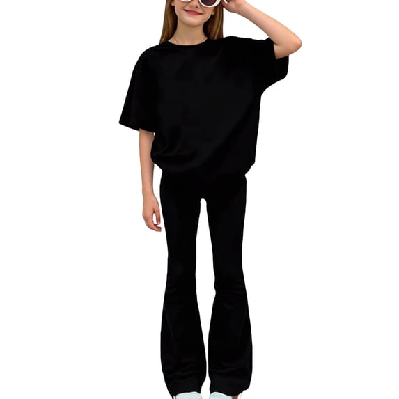 Virmaxy Summer Solid Color Outfits Short Sleeves Basic T-Shirts and Bootcut Flared Pants Juniors Girls Two Piece Lounge Set for Everyday Comfort Black