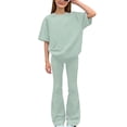 thumbnail image 1 of Virmaxy Summer Solid Color Outfits Short Sleeves Basic T-Shirts and Bootcut Flared Pants Juniors Girls Two Piece Lounge Set for Everyday Comfort Green, 1 of 7