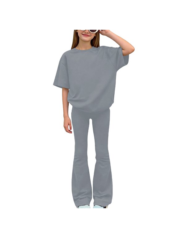 Summer Solid Color Outfits Short Sleeves Basic T-Shirts and Bootcut Flared Pants Juniors Girls Two Piece Lounge Set for Everyday Comfort Gray
