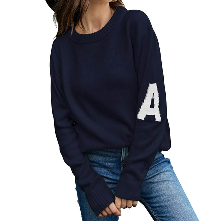 Virmaxy Sweater For Women Letter A Printed Crew Neck Knitted