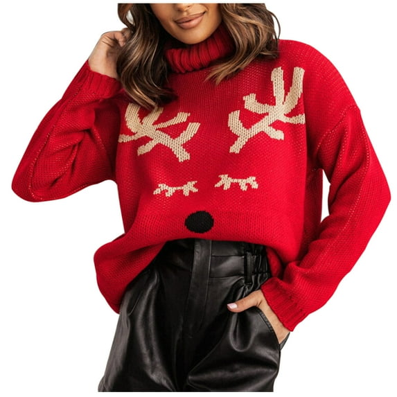 Virmaxy Sweater For Women Classic Christmas Printed Mock Neck Knitted Sweater Long Sleeve Pullover Relaxed Fit Jumper Casual Fall Winter Outfits Sweaters Tops Red-D M