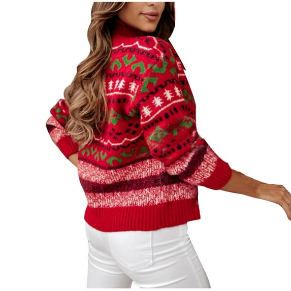 Virmaxy Sweater For Women Classic Christmas Printed Mock Neck Knitted Sweater Long Sleeve Pullover Relaxed Fit Jumper Casual Fall Winter Outfits Sweaters Tops Red-B XL