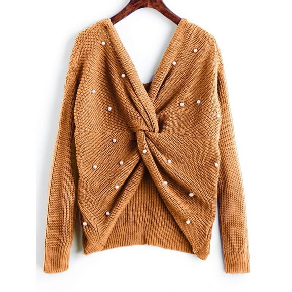 Virmaxy Sweater For Women Long Sleeve V Neck Slouchy Style Sweater Pearl Decoration Solid Color Ribbed Knit Sweater Casual Relaxed Fit Pullover Jumper Khaki XS