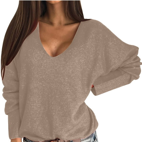Virmaxy Sweaters For Women Candy Color Deep V Neck Fleece Sweater Fall And Winter Fashion Temperament Long Sleeve Pullover Jumper Tops Beige S