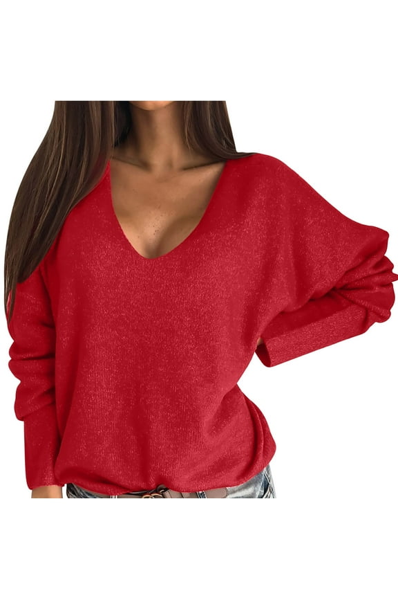 Sweaters For Women Candy Color Deep V Neck Fleece Sweater Fall And Winter Fashion Temperament Long Sleeve Pullover Jumper Tops Red M