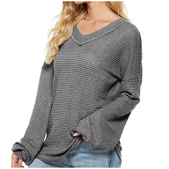 Virmaxy Sweaters For Women V-Neck Long Sleeve Waffle Knit Sweater Loose Fit Solid Color Casual Pullover Jumper Gray XS
