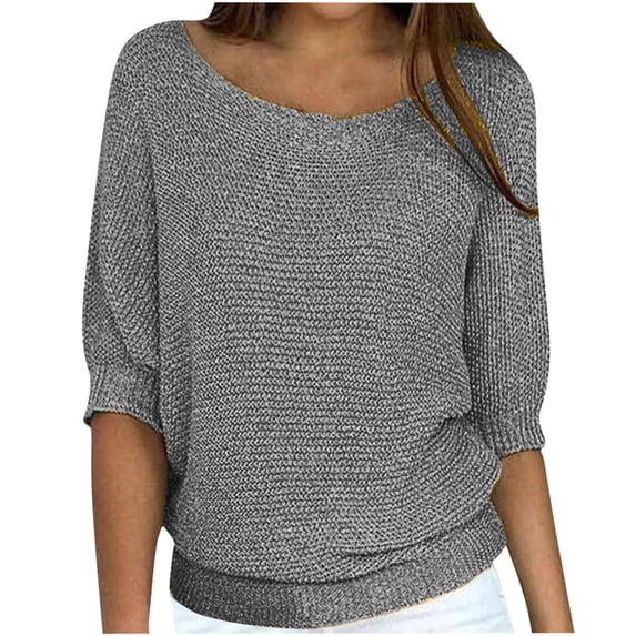 Virmaxy Sweaters For Women Boat Neck 3/4 Sleeve Classy Knitted Sweater Solid Color Pullover Loose Fit Cable Jumper Casual Fall Winter Outfits Sweaters Tops Gray 2XL