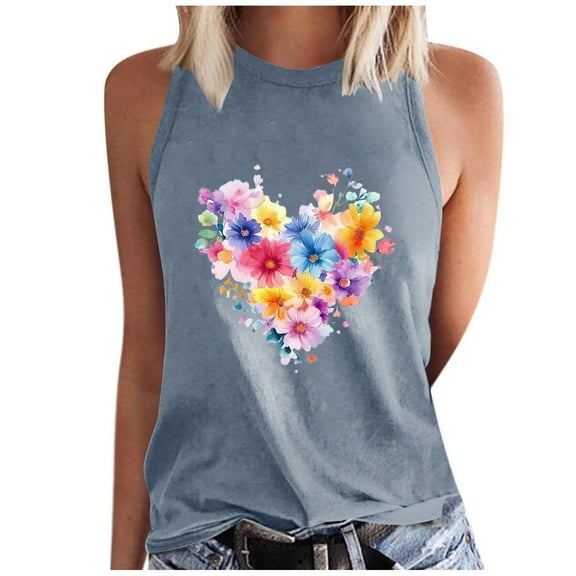 Virmaxy Tank Top for Women Summer Trendy Printed Sleeveless Blouse Loose Fit Round Neck Vest Going Out Spring Beach Vacation Oufits Modern Clothes Gray-4 L