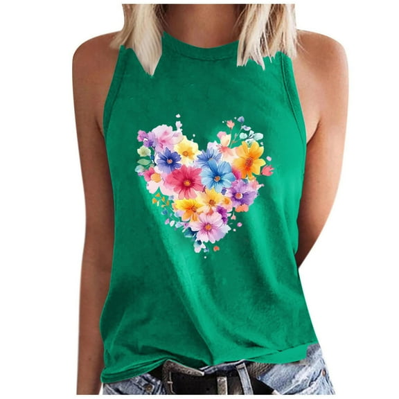 Virmaxy Tank Top for Women Summer Trendy Printed Sleeveless Blouse Loose Fit Round Neck Vest Going Out Spring Beach Vacation Oufits Modern Clothes Green-4 S