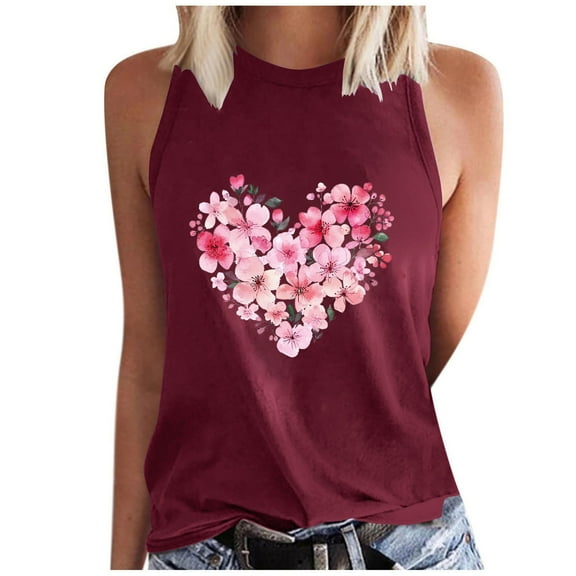 Virmaxy Tank Top for Women Summer Trendy Printed Sleeveless Blouse Loose Fit Round Neck Vest Going Out Spring Beach Vacation Oufits Modern Clothes Wine-3 XXL