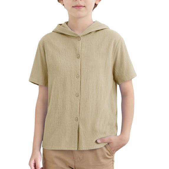 Virmaxy Textured Hooded Short Sleeve T-shirt Solid Color Soft Basic Top with Natural Wrinkle Detail for Casual Everyday Style, for 3-13 Years Khaki