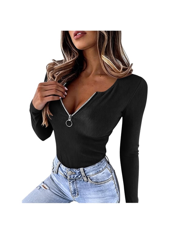 Tight Long Sleeve Shirts for Women Ribbed V Neck Zip Front Top Long Sleeve Slim Fit Knit Pullover Casual Going Out Tee Black