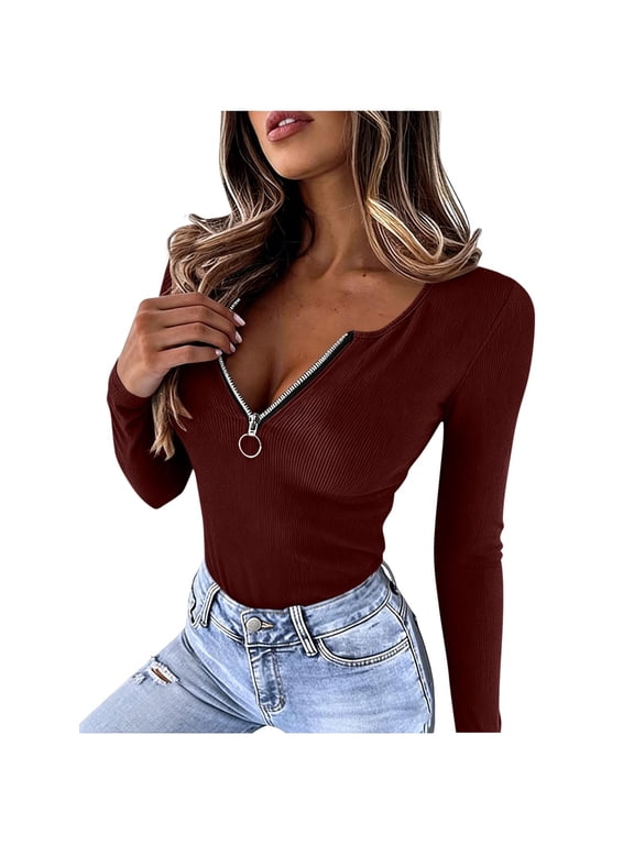 Tight Long Sleeve Shirts for Women Ribbed V Neck Zip Front Top Long Sleeve Slim Fit Knit Pullover Casual Going Out Tee Wine