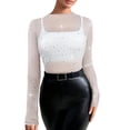 thumbnail image 1 of Virmaxy Tight Long Sleeve Shirts for Women Sheer Mesh Rhinestone Top Crew Neck Slim Fit Sparkly Blouse for Party and Vacation Outfits White, 1 of 6