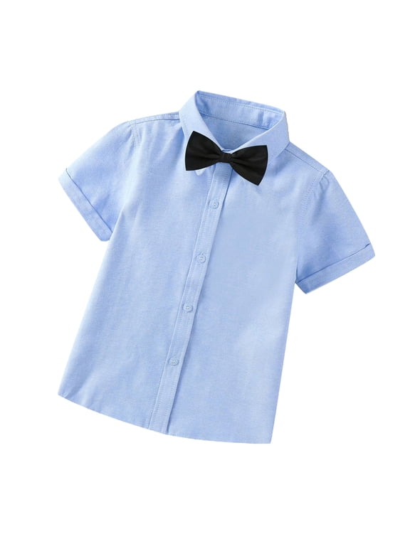 Toddler Baby Boys British Style Dress Shirt Bow Tie Suit Kids Boys Solid Short Sleeve Lapel Tops with Pocket Fashion Gentleman's School Uniform Bow Tie Suit Blue-A 4T