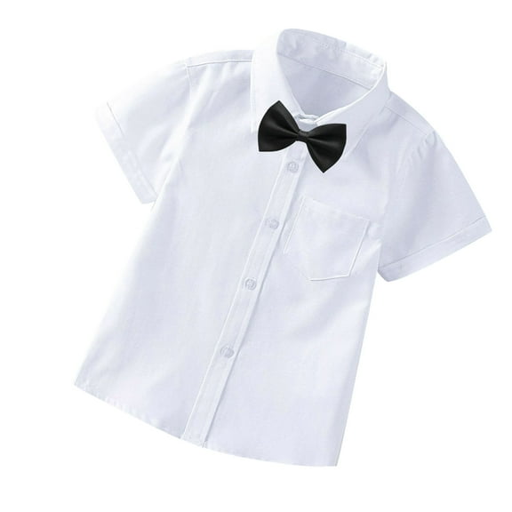 Virmaxy Toddler Baby Boys British Style Dress Shirt Bow Tie Suit Kids Boys Solid Short Sleeve Lapel Tops with Pocket Fashion Gentleman's School Uniform Bow Tie Suit White-A 4T