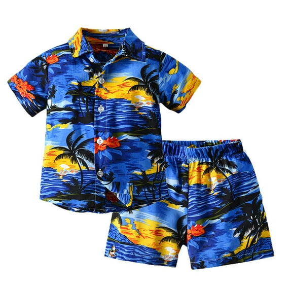 Virmaxy Toddler Baby Boys Hawaii Shirt 2 PC Set Kids Boys Short Sleeve Tropical Botanical Print T-Shirt with Shorts 2 Piece Set Summer Trendy Open Front Lapel Beachshirt Set Dark Blue 18-24 Months