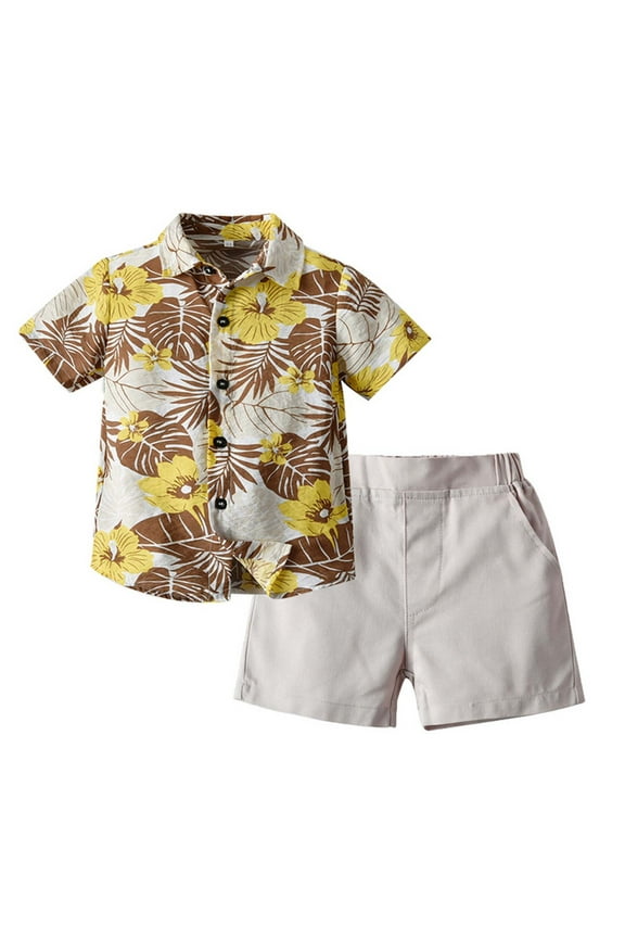 Toddler Baby Boys Hawaii Shirt 2 PC Set Kids Boys Short Sleeve Vintage Tropical Botanical Print T-Shirt with Shorts 2 Piece Set Summer Open Front Lapel Beachshirt Set Khaki-B 12-18 Months
