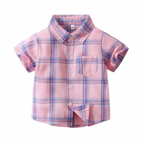 Virmaxy Toddler Baby Boys Plaid Hawaii Shirt Kids Boys Lapel Short Sleeve Beachshirt with Pocket Button Snug-Fit Cotton T-Shirt Summer Fashion Casual Lightweight Blouse Tops Pink-A 18-24 Months