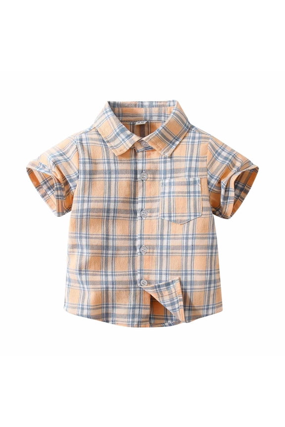 Toddler Baby Boys Plaid Hawaii Shirt Kids Boys Lapel Short Sleeve Beachshirt with Pocket Button Snug-Fit Cotton T-Shirt Summer Fashion Casual Lightweight Blouse Tops Khaki 4T