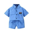 thumbnail image 1 of Virmaxy Toddler Baby Boys Summer Workwear Suit Kids Boys Solid Lapel Neck Button Front T-shirt with Pocket Short Sleeve Blouse Shirt Shorts 2 Piece Set Blue 3T, 1 of 1