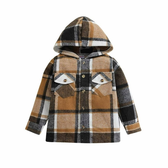 Virmaxy Toddler Baby Brushed Flannel Hoodies Lapel Plaid Long Sleeve Button Down Coat With Pocket Fall Winter Fashion Casual Shacket For Boys And Girls Khaki 4T