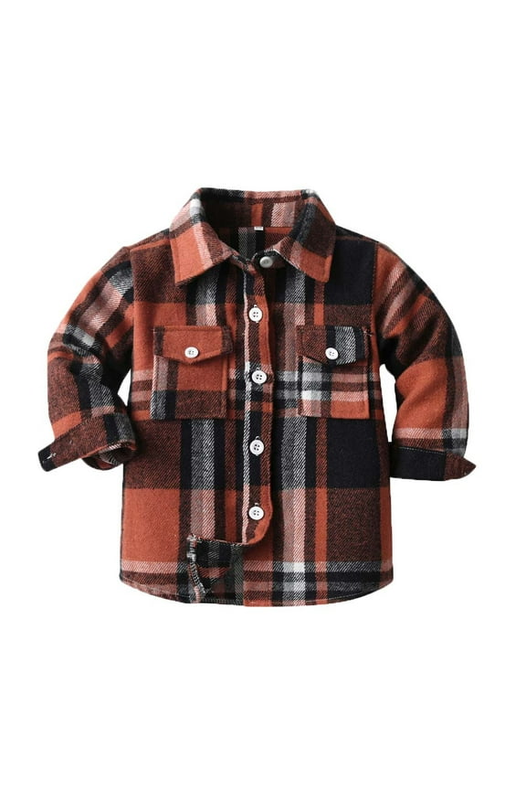 Toddler Baby Brushed Flannel Jacket Lapel Plaid Long Sleeve Button Down Shirt With Pocket Fall Winter Fashion Casual Shacket For Boys And Girls Brown-A 2T