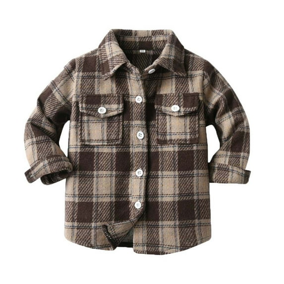 Virmaxy Toddler Baby Brushed Flannel Jacket Lapel Plaid Long Sleeve Button Down Shirt With Pocket Fall Winter Fashion Casual Shacket For Boys And Girls Brown-B 2T