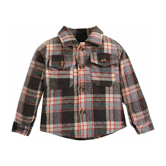 Virmaxy Toddler Baby Brushed Flannel Jacket Lapel Plaid Long Sleeve Button Down Shirt With Pocket Fall Winter Fashion Casual Shacket For Boys And Girls Coffee-C 18-24 Months