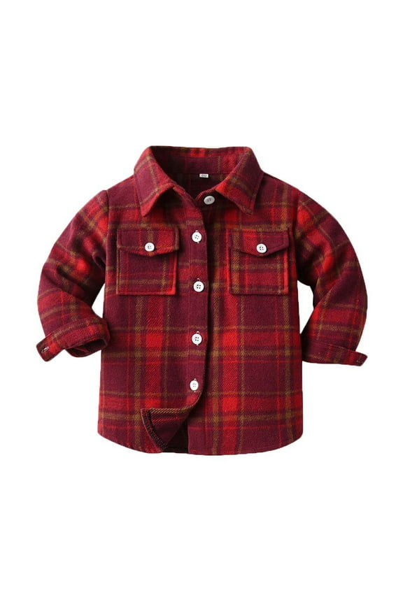 Toddler Baby Brushed Flannel Jacket Lapel Plaid Long Sleeve Button Down Shirt With Pocket Fall Winter Fashion Casual Shacket For Boys And Girls Red 3T
