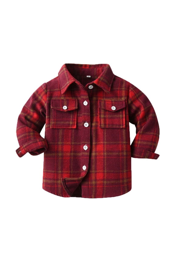 Toddler Baby Brushed Flannel Jacket Lapel Plaid Long Sleeve Button Down Shirt With Pocket Fall Winter Fashion Casual Shacket For Boys And Girls Red 4T