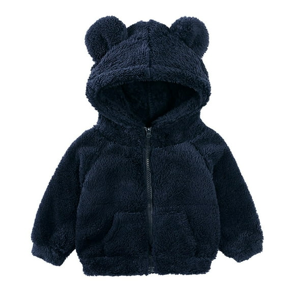 Virmaxy Toddler Baby Girls Boys Fleece Hoodies Unisex Kids Faux Lamb Wool Hoodies Bear Ear Hooded Shaggy Cardigan with Pocket Solid Long Sleeve Full Zip Up Plush Outwear Navy 2T