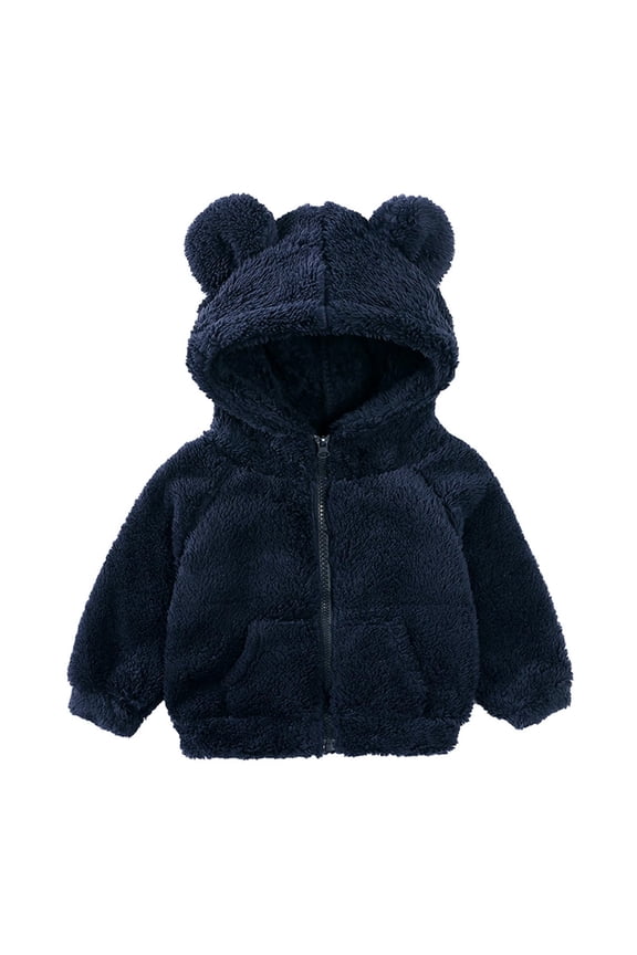Toddler Baby Girls Boys Fleece Hoodies Unisex Kids Faux Lamb Wool Hoodies Bear Ear Hooded Shaggy Cardigan with Pocket Solid Long Sleeve Full Zip Up Plush Outwear Navy 2T