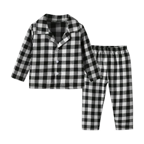 Virmaxy Toddler Baby Girls Boys Plaid Pajama Set Unisex Infant Long Sleeve Loungewear Set Lapel Open Front Button Tops with Pants Fall Winter Cotton Homewear Outfit Set Black 12-18 Months