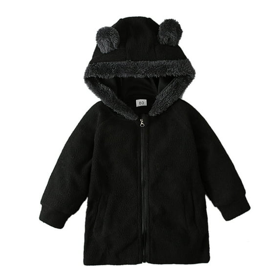 Virmaxy Toddler Baby Girls Boys Polartec Fleece Hoodies Cute Bear Ears Solid Color Long Sleeve Zip Up Fuzzy Coat Winter Fashion Warm Shacket Black 12-18 Months