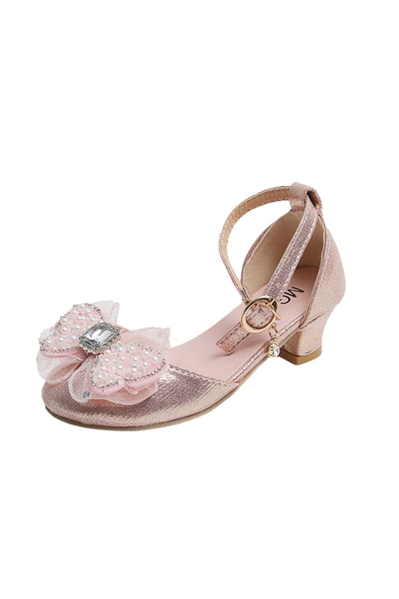 Toddler Baby Girls Dress Shoes Closed Toe Bow Dress Buckle Shoes Princess Crystal High Heel Fashion Wedding Party Dance Shoes for Kids Pink-A 12.5