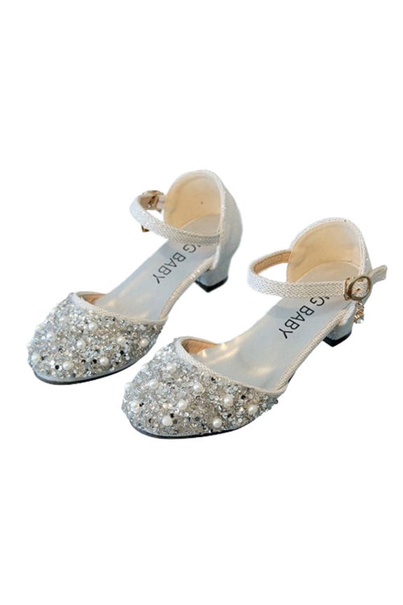 Toddler Baby Girls Dress Shoes Closed Toe Bow Dress Buckle Shoes Princess Crystal High Heel Fashion Wedding Party Dance Shoes for Kids Silver-B 12